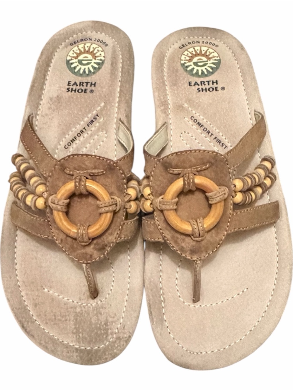 Earth Shoe Gelron 2000 Women's Logan Tan Suede Beaded Thong Sandals - 7.5